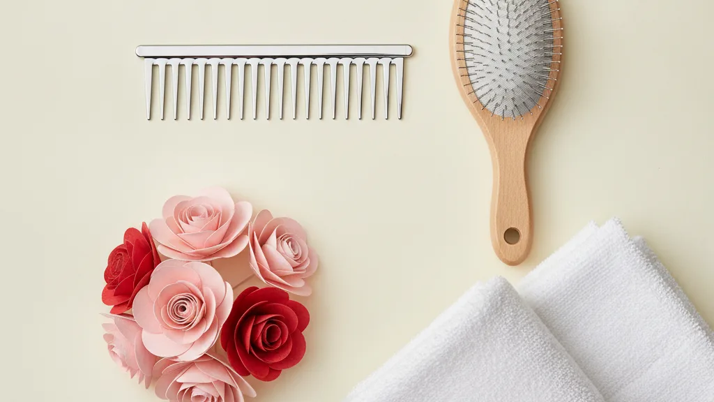 A steel grooming comb, an oval pin brush, a folded towel and paper flowers on a pale cream background