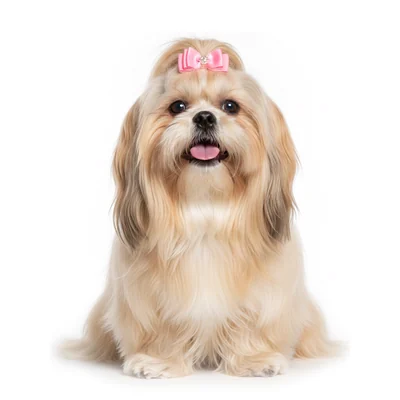 Un Shih Tzu con pelo largo color crema y un moño rosa